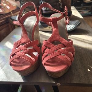 Red Strappy Wedge Sandals